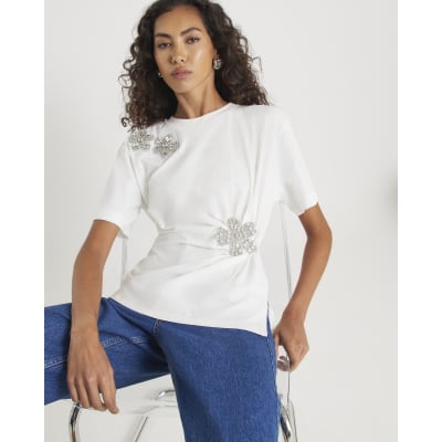 White Short Sleeve Diamante Flower T-shirt