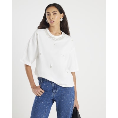 White Short Sleeve Diamante Necklace T-shirt
