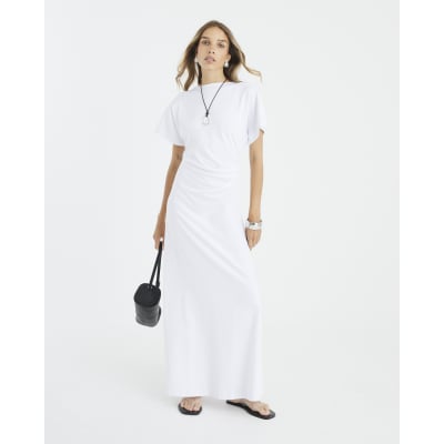 White Short Sleeve Drape Side Midi Dress