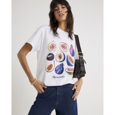 White Short Sleeve Fig Print T-shirt
