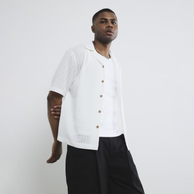 White Short Sleeve Grid Textured Shirt