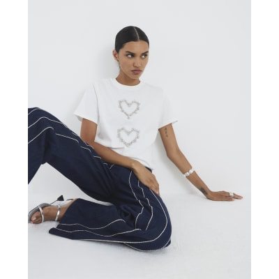 White Short Sleeve Heart Diamante T-shirt