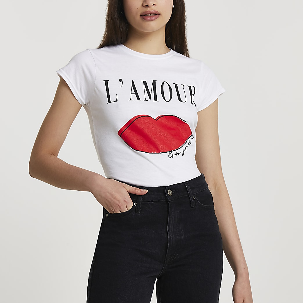 White short sleeve L'amour t-shirt | River Island