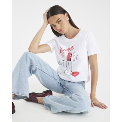 White Short Sleeve Lipstick Diamante T-shirt