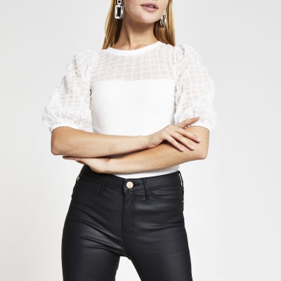 White short sleeve organza fitted ribbed top | River Island