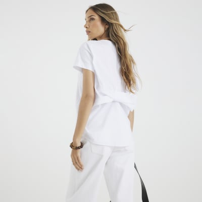 White Short Sleeve Poplin Bow Back T-shirt