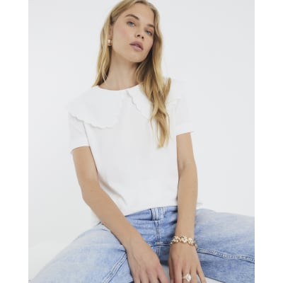 White Short Sleeve Scallop Hem Collar T-shirt