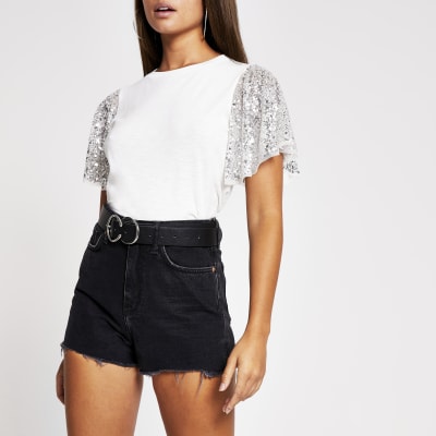 river island grey sequin top