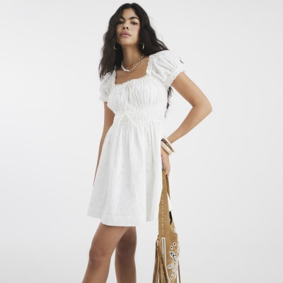 White Short Sleeve Shirred Mini Dress