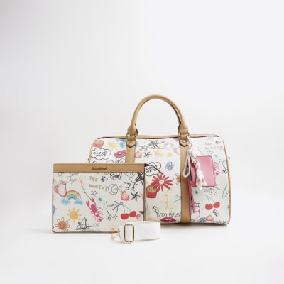 White Sketch Printed Bundle Bag