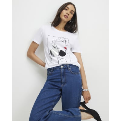 White Sketchy Face Red Lips T-Shirt