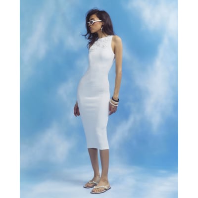 Sleeveless 3D Flower Ribbed Midi Dress