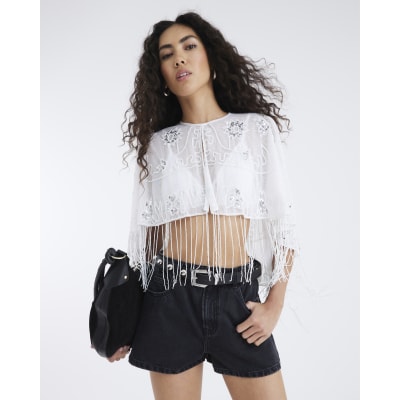 【Acka】cape fringe tops COS Fringed Open-Knit Cape Top | endource