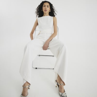 White Sleeveless Belted Jumpsuit