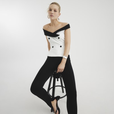 White Sleeveless Double Breasted Bardot Top