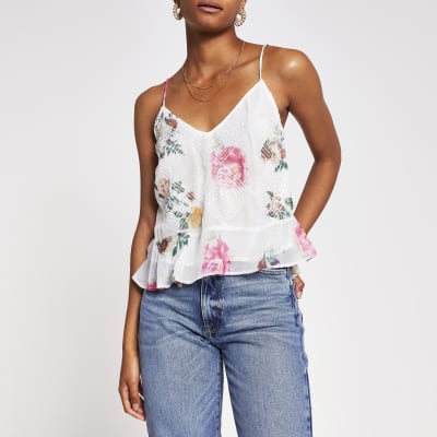 White Sleeveless Embellished Floral Cami Top River Island