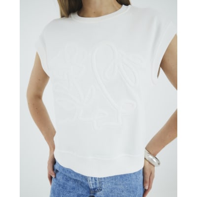 White Sleeveless Embossed Sweatshirt Top
