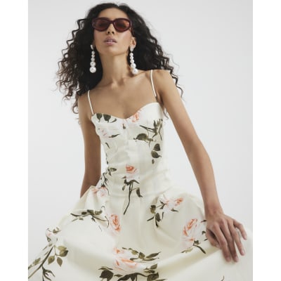 ditsy floral print boat neck corset slip midi dresses-white Cream White Casual Midi Dress with Floral Print Cream White Floral / XSmall