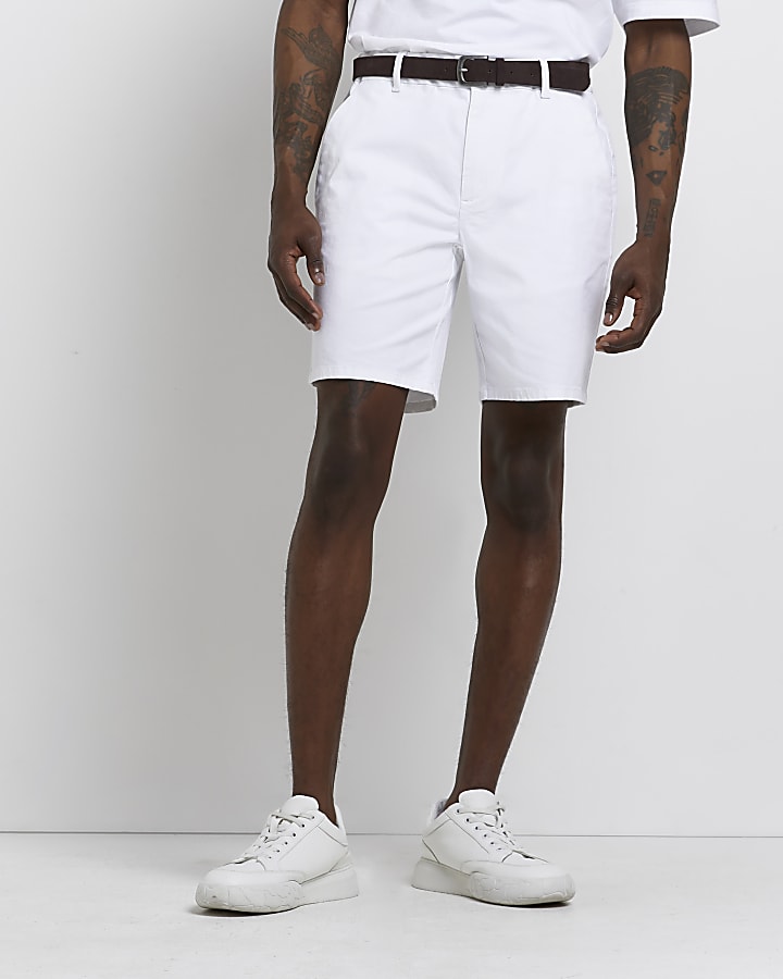 White slim fit belted chino shorts