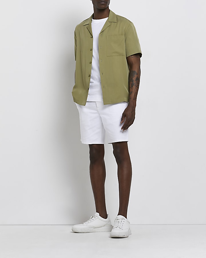 White slim fit belted chino shorts