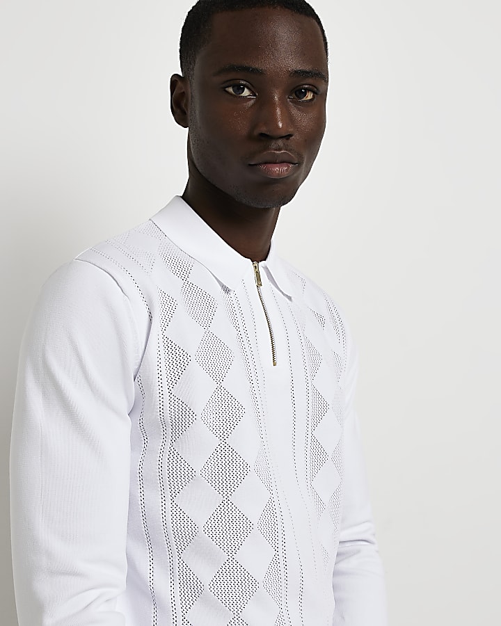 White slim fit check knitted polo shirt