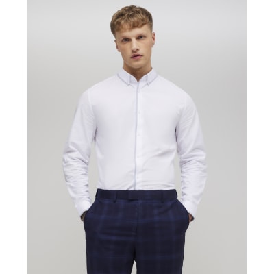 White Slim Fit Check Trim Shirt