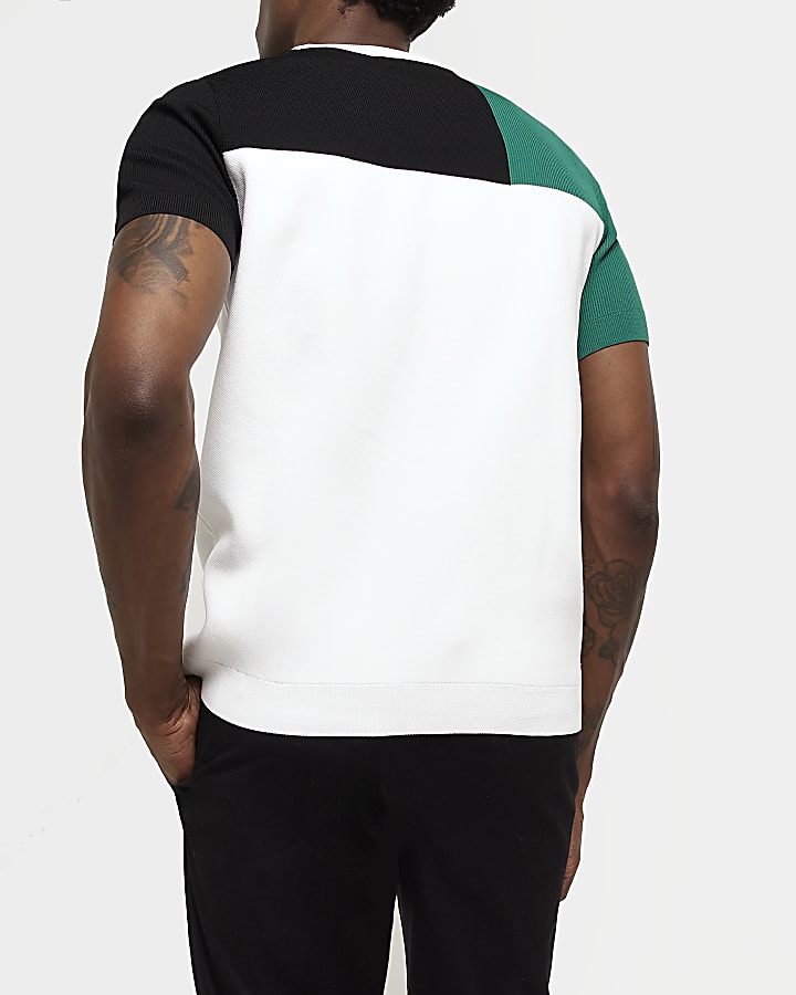 White Slim fit colour block knit t-shirt