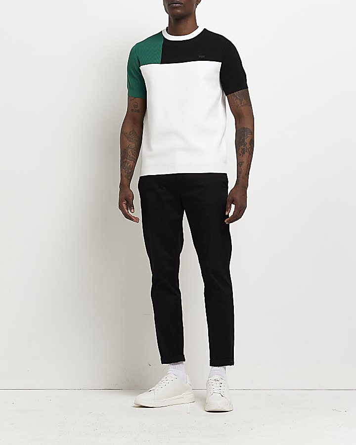 White Slim fit colour block knit t-shirt