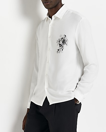 White Slim fit Floral Chest Print Shirt