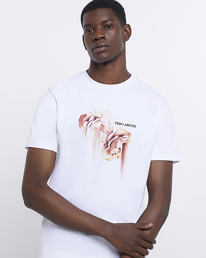 White Slim fit graphic Floral t-shirt