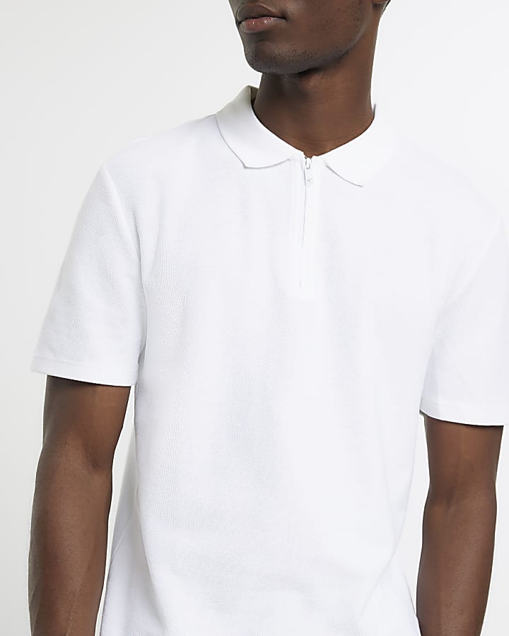White slim fit honeycomb polo shirt