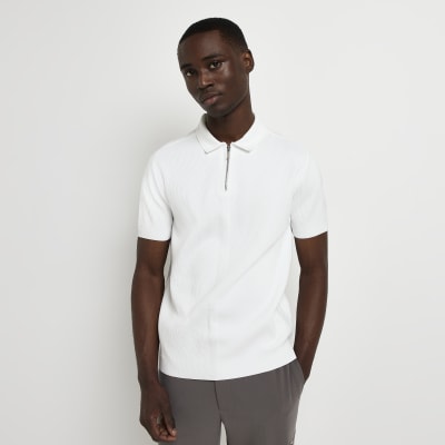 White Slim fit knitted half zip Polo shirt