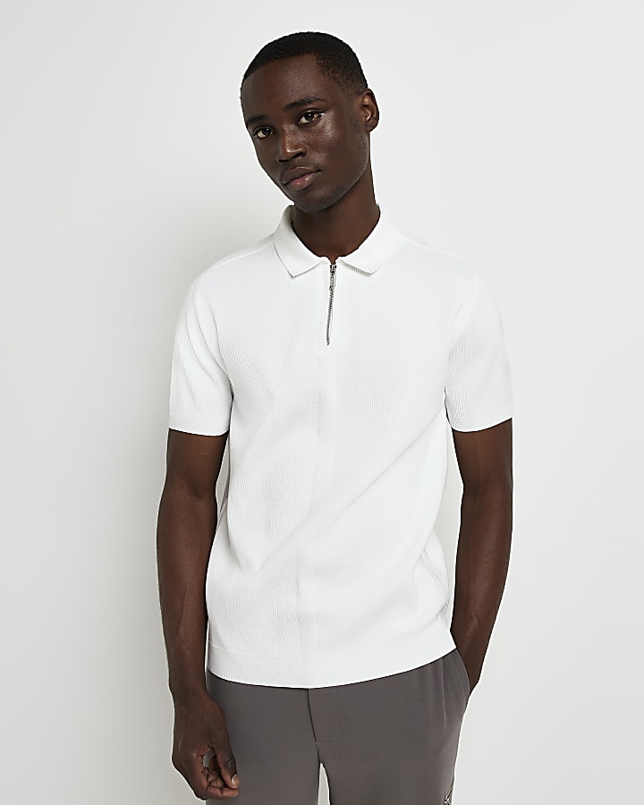 White Slim fit knitted half zip Polo shirt