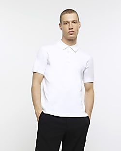 White slim fit knitted short sleeve polo