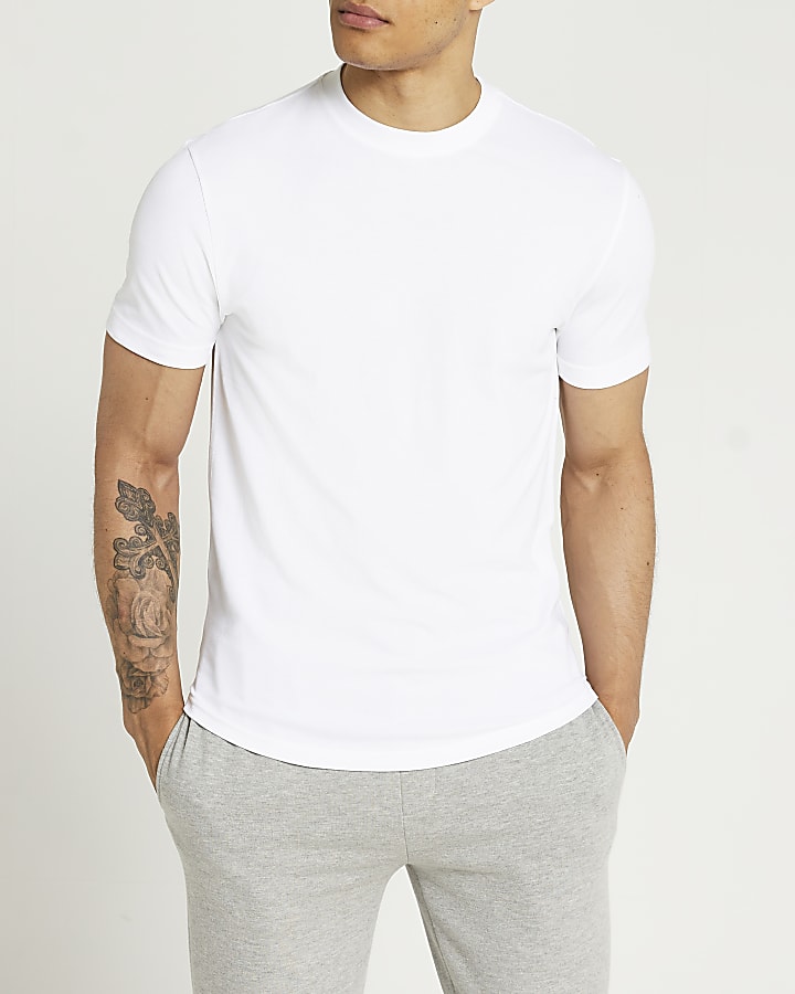 White slim fit pique curved hem t-shirt