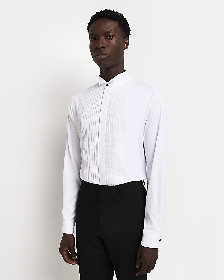 White slim fit Pleated Front dress Shirt