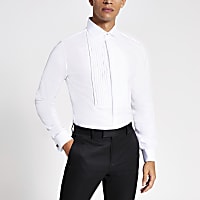 White slim fit pleated long sleeve shirt