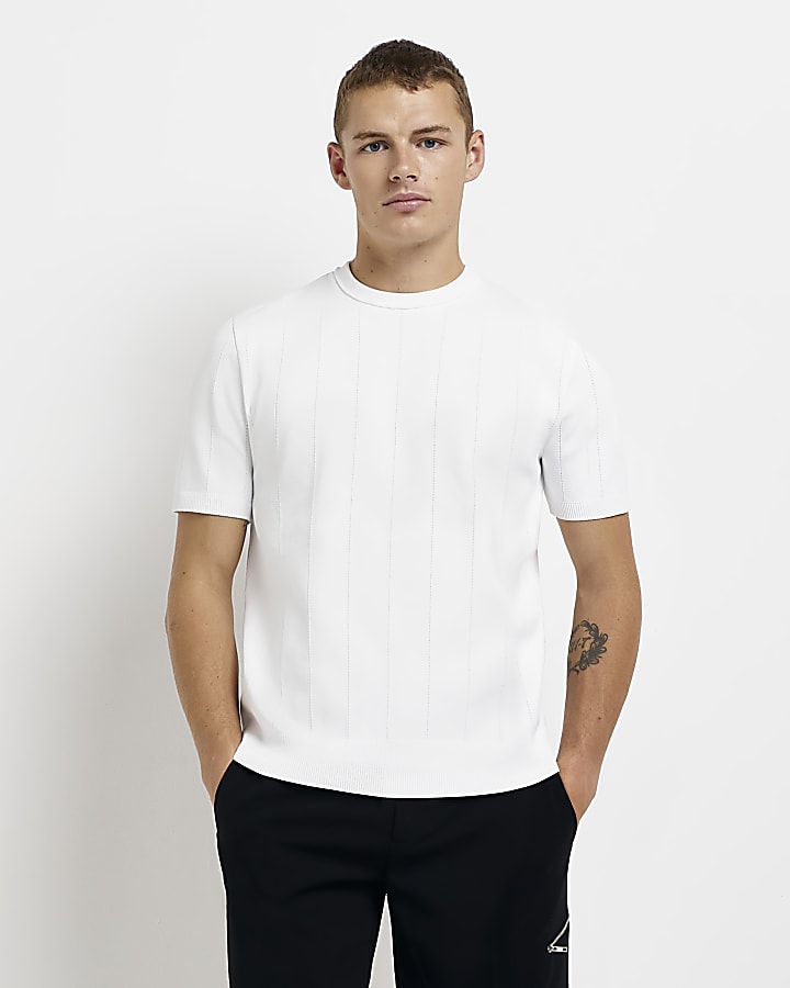 White slim fit Pointelle knitted t-shirt