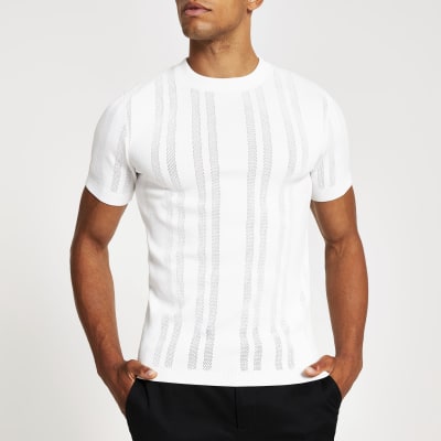 White slim fit pointelle knitted Tshirt River Island