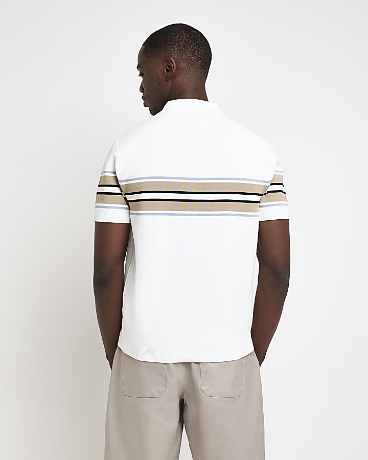 White Slim fit Stripe Knitted Polo shirt