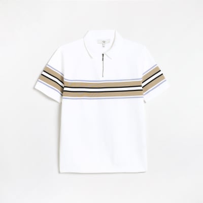 White Slim fit Stripe Knitted Polo shirt | River Island