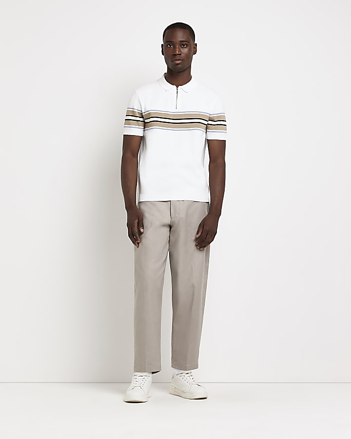 White Slim fit Stripe Knitted Polo shirt