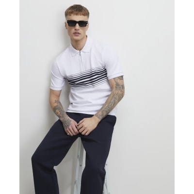 White Slim Fit Stripe Lightweight Polo Shirt