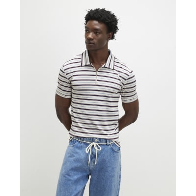 White Slim Fit Stripe Zip Polo Shirt
