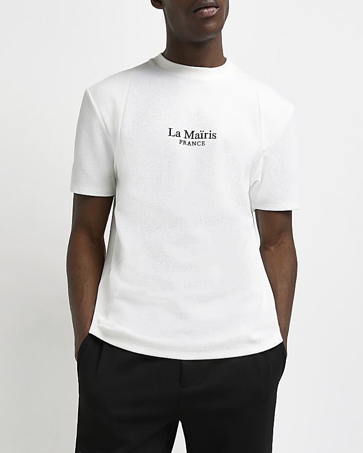 White slim fit textured graphic t-shirt