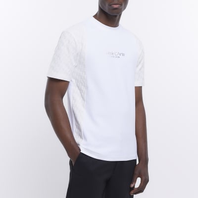 White slim fit textured printed t-shirt