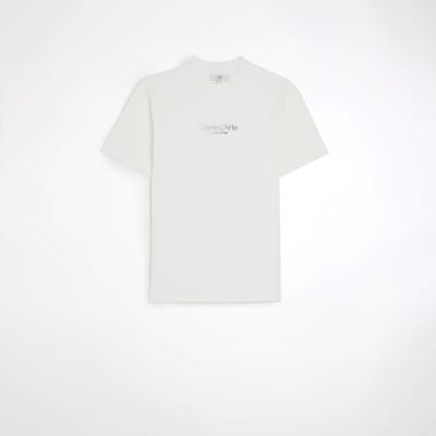 White slim fit textured printed t-shirt