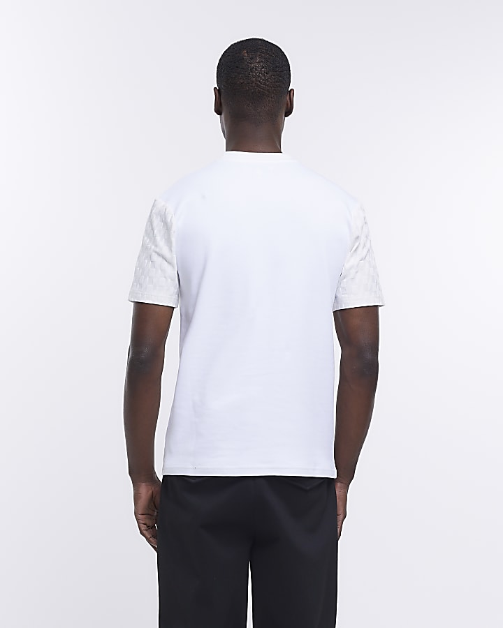 White slim fit textured printed t-shirt