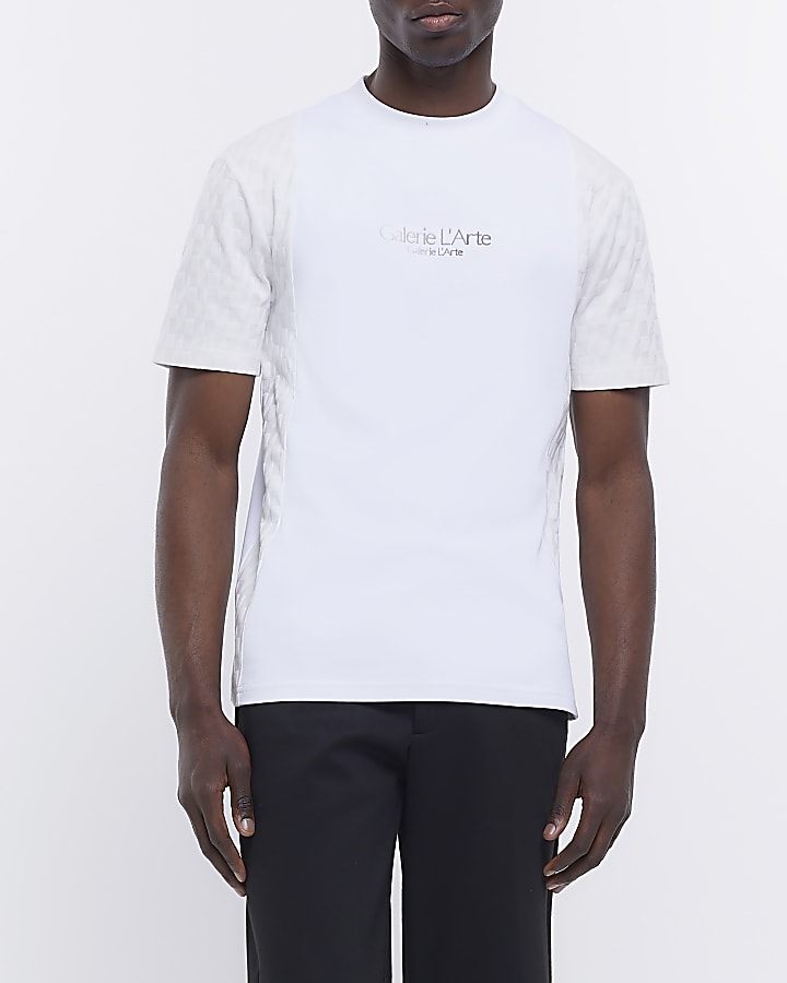 White slim fit textured printed t-shirt