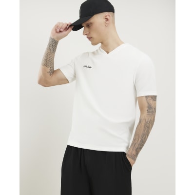 White Slim Fit Textured V Neck T-Shirt